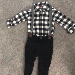 Flannel shirt with suspenders and pants
